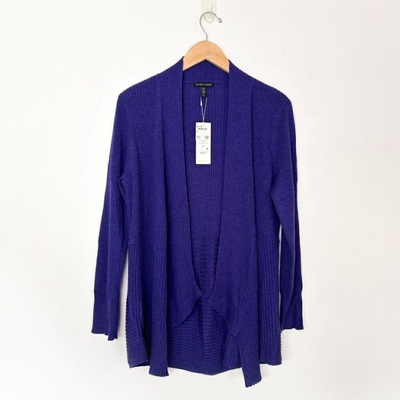 Eileen Fisher Women’s Indigo Merino Wool Angle Front Shape Ribbed Cardigan Sweat - Picture 1 of 9